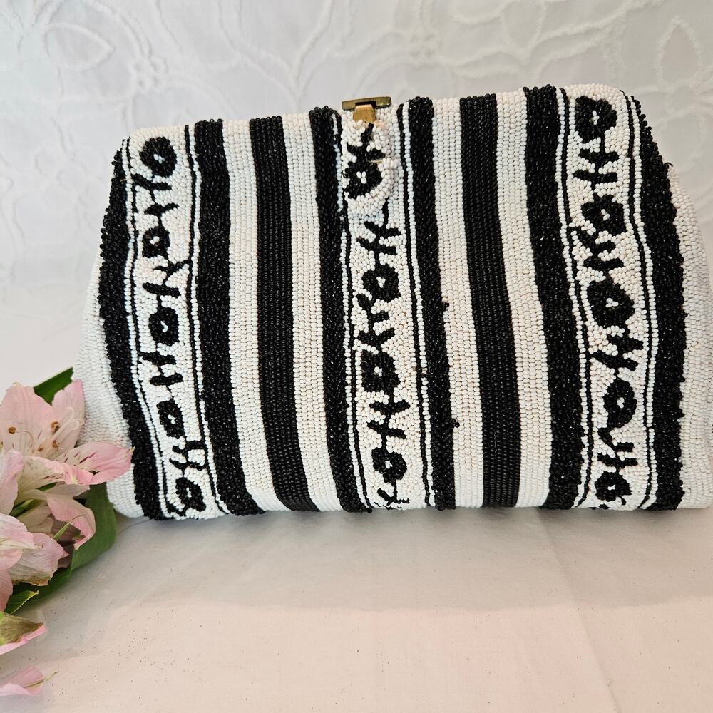 Vintage Belgium Neiman Marcus Black White Beaded Evening Bag